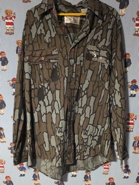 Vintage Duck Bay Tree Bark Camo Shirt USA Button Up Large